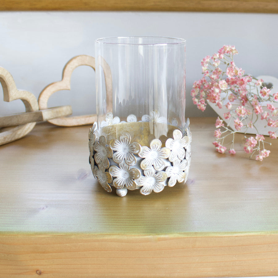 Decorative Candle Holder With Gold & Silver Flower Detail Base