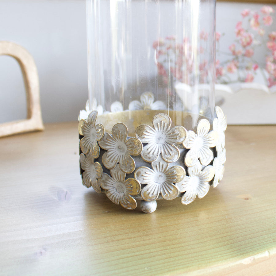 Decorative Candle Holder With Gold & Silver Flower Detail Base