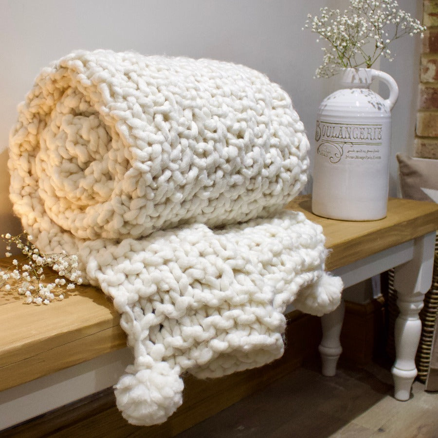 Hand Knitted Ivory Throw With Pom Poms The Little Kent Barn Company Ltd