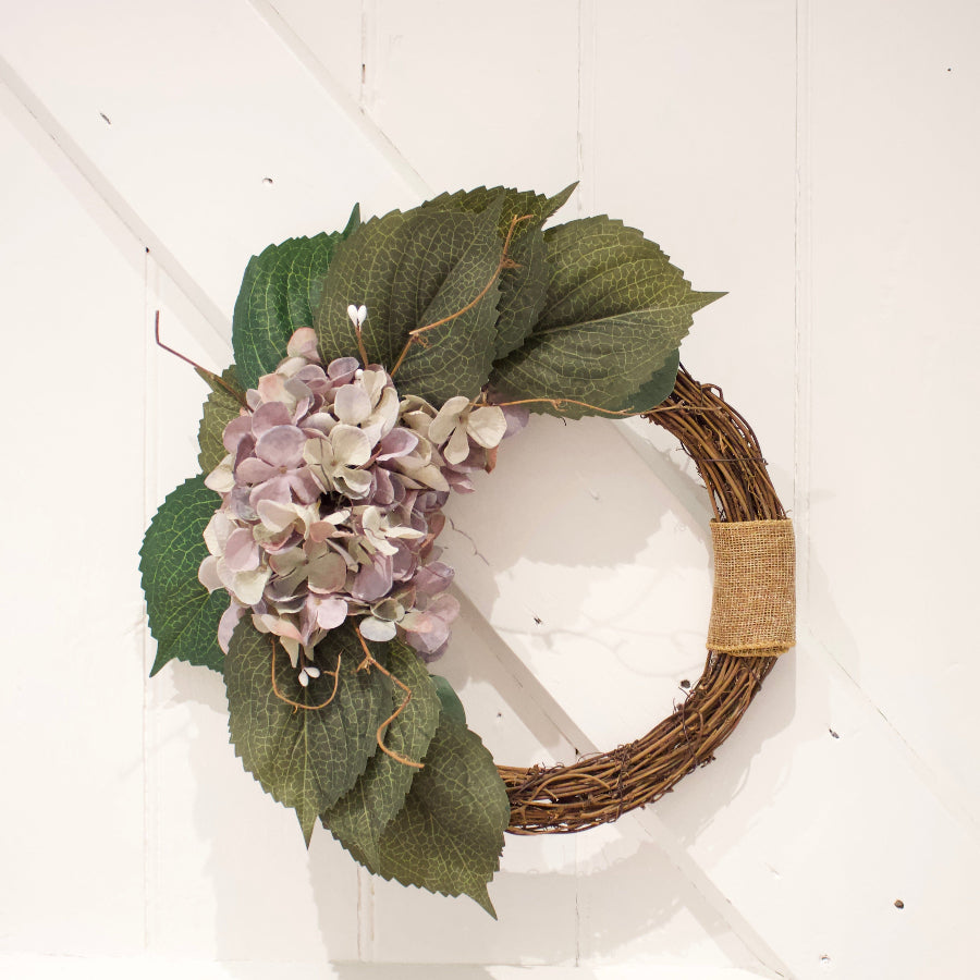 Handmade Vintage Hydrangea Grapevine Wreath With Burlap Wrap Detail
