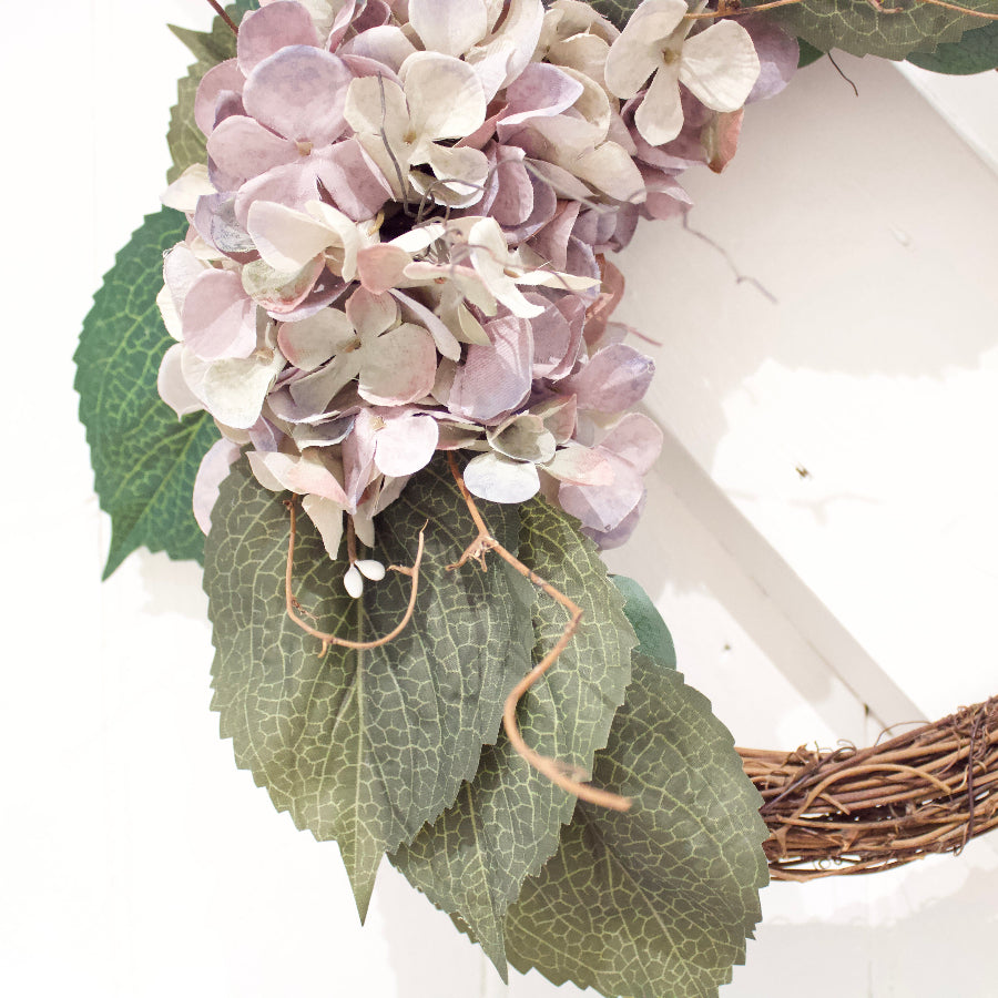 Handmade Vintage Hydrangea Grapevine Wreath With Burlap Wrap Detail