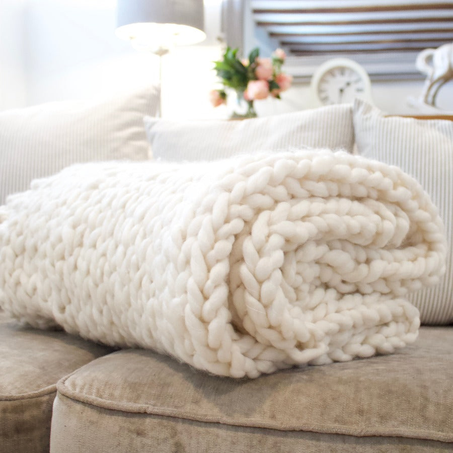 Ivory Hand Knitted Chunky Throw