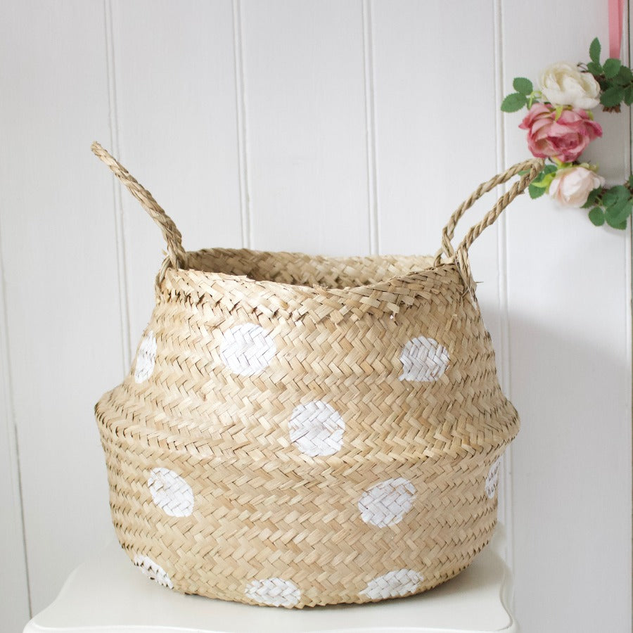 White Polka Dot Seagrass Basket