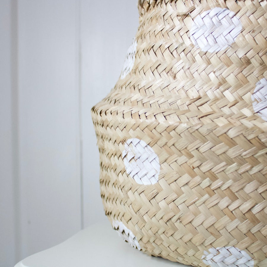 White Polka Dot Seagrass Basket
