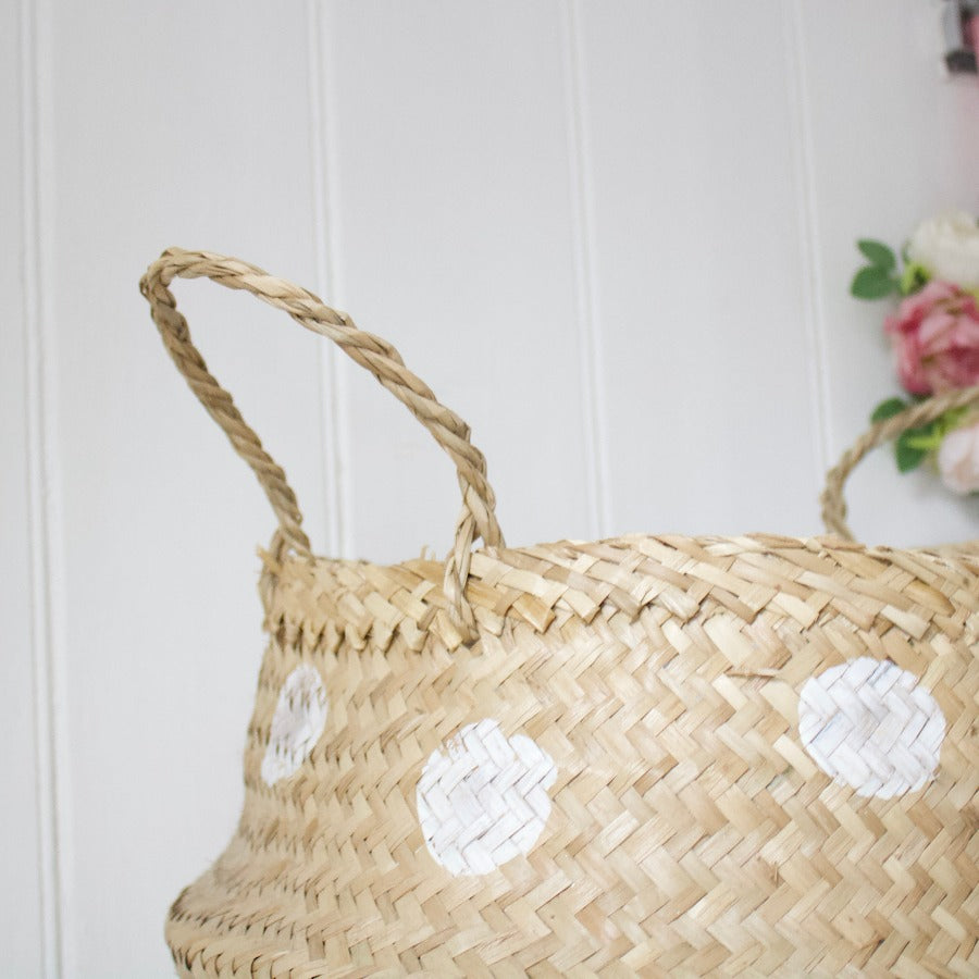 White Polka Dot Seagrass Basket