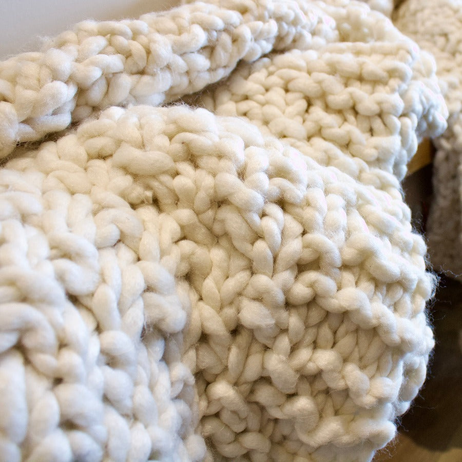 Hand Knitted Ivory Throw With Pom Poms The Little Kent Barn Company Ltd