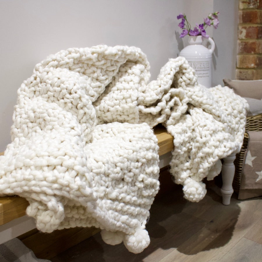 Hand Knitted Ivory Throw With Pom Poms The Little Kent Barn Company Ltd