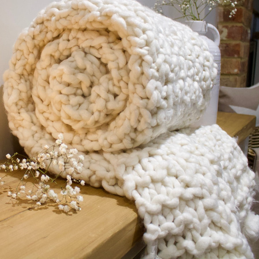 Hand Knitted Ivory Throw With Pom Poms The Little Kent Barn Company Ltd