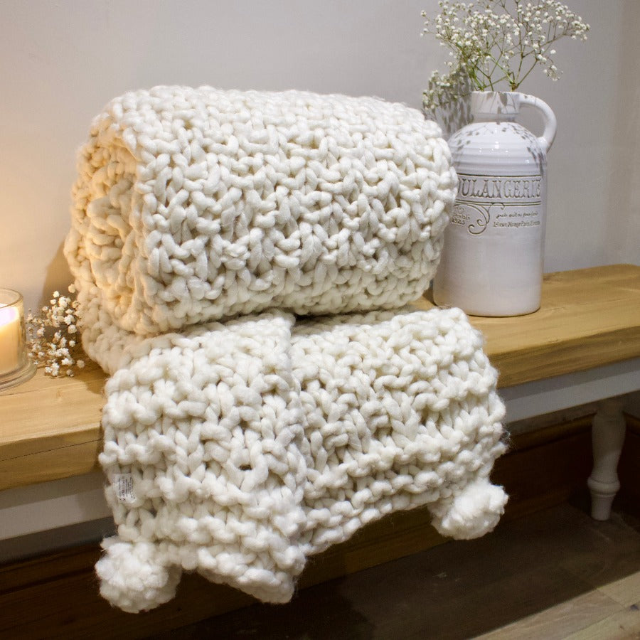 Hand Knitted Ivory Throw With Pom Poms The Little Kent Barn Company Ltd