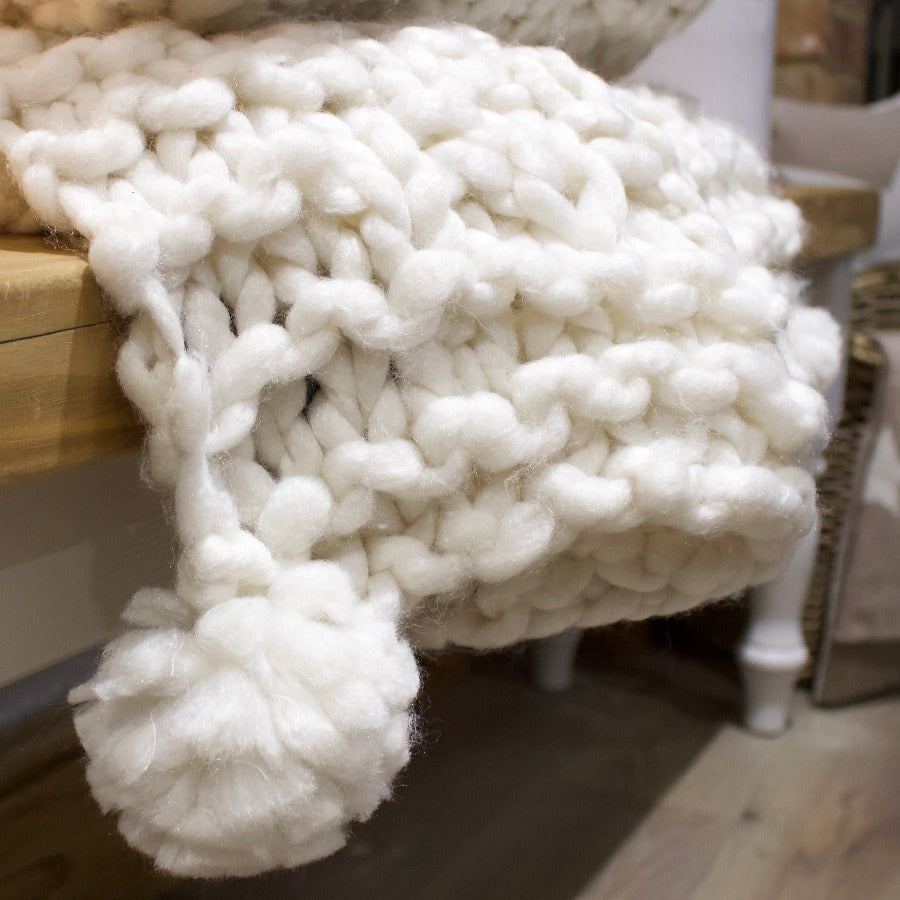 Hand Knitted Ivory Throw With Pom Poms The Little Kent Barn Company Ltd